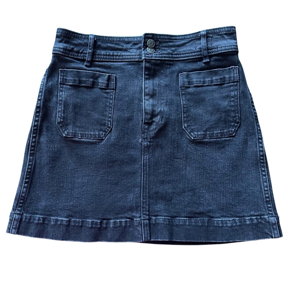 Madewell Washed Black Stretch Denim A-Line Mini Skirt Size 0 Patch‎ Pockets